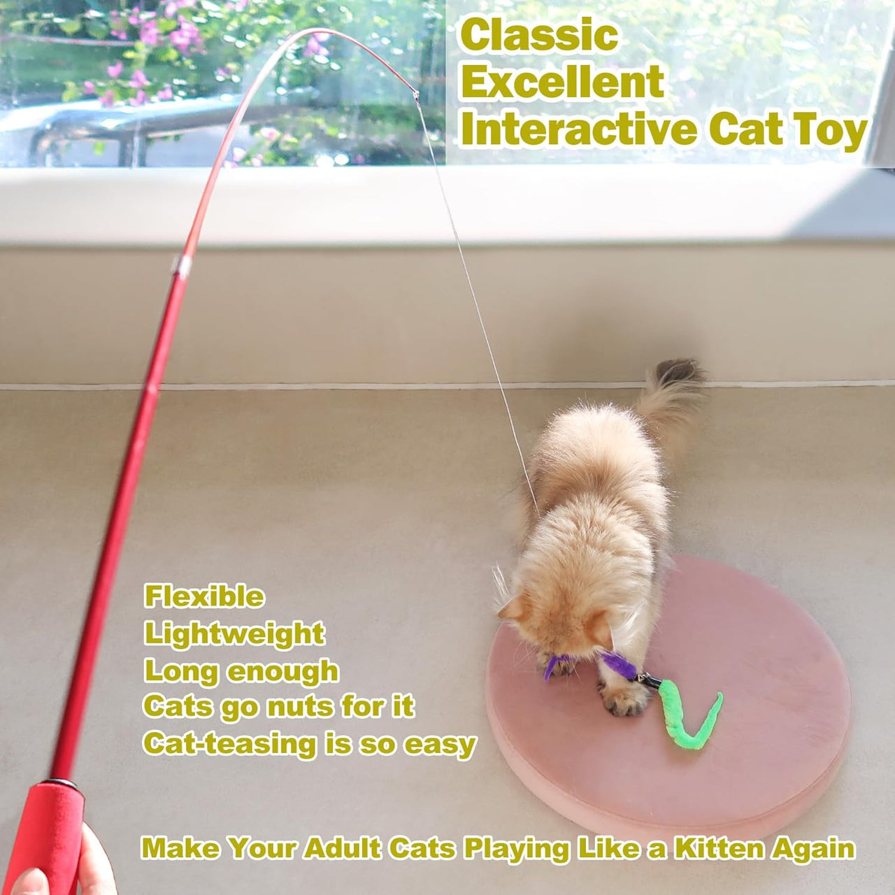 Huidcom Cat Feather Toy Retractable Cat Toys Wand with 2 Wands & 9 Assorted Teaser Refills Interactive Feather Teaser Wand Toy with Bell for Kitten Or Cat Having Fun Exerciser Playing