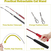 Thumbnail for Huidcom Cat Feather Toy Retractable Cat Toys Wand with 2 Wands & 9 Assorted Teaser Refills Interactive Feather Teaser Wand Toy with Bell for Kitten Or Cat Having Fun Exerciser Playing