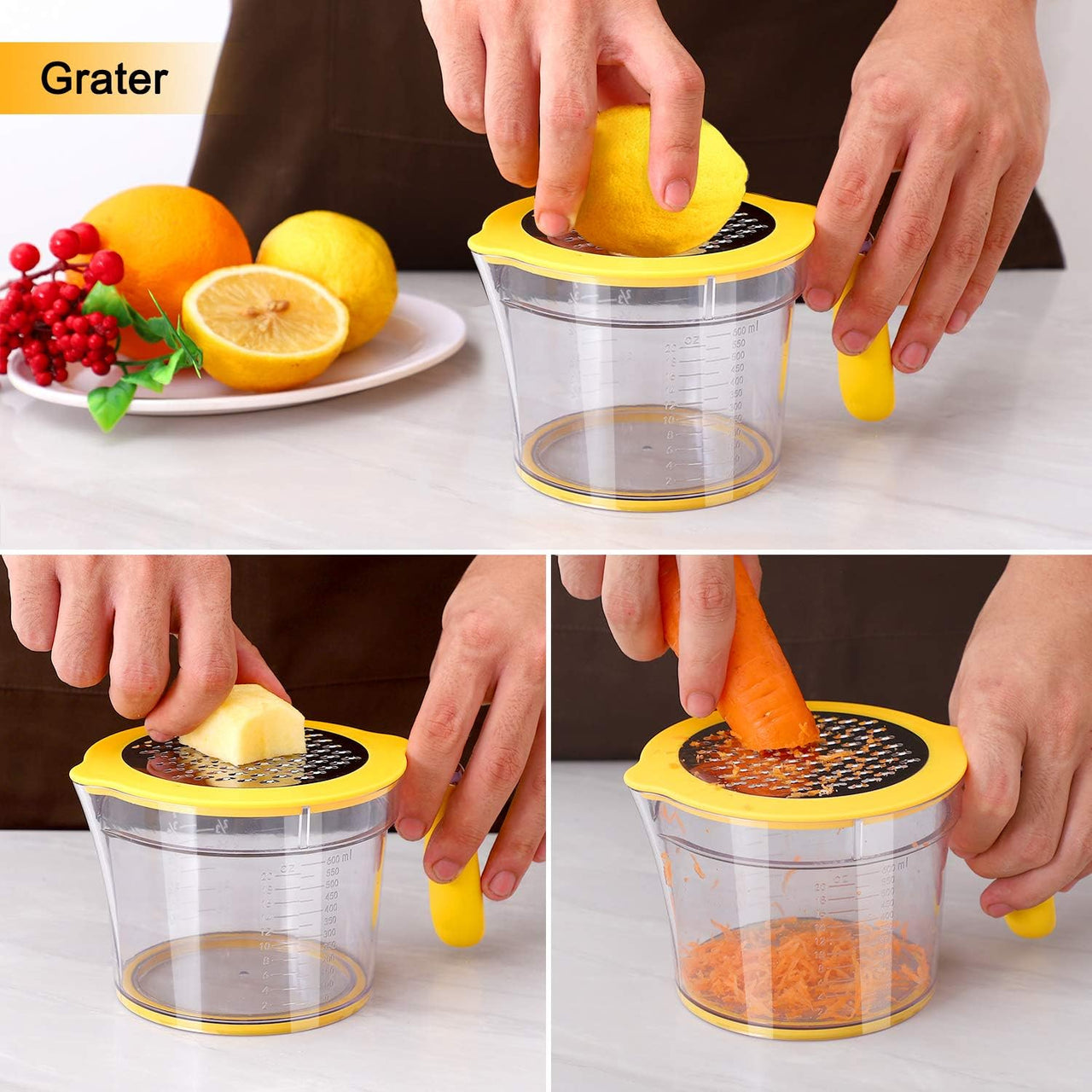 Citrus Lemon Orange Juicer Manual Hand Squeezer, Fruit Juicer Lime Press with Built-in Measuring Cup and Grater and Egg separator, Non-Slip Silicone Handle, 20OZ
