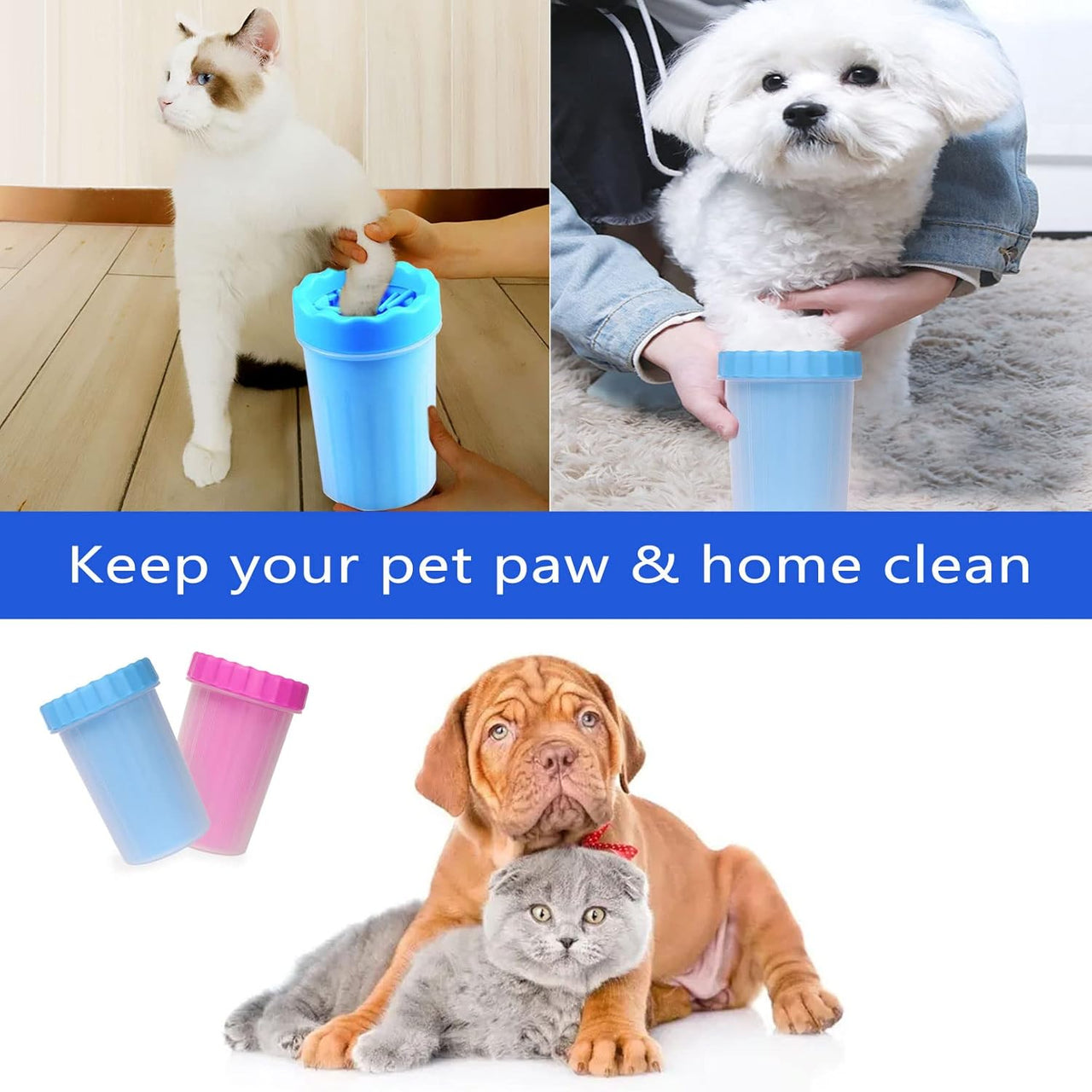 2 In 1 Portable Silicone Pet Cleaning Brush - Muddy Paw Washer Cup for Dogs and Cats, Grooming Foot Cleaner Gift for Pet Owners (Blue, Small)