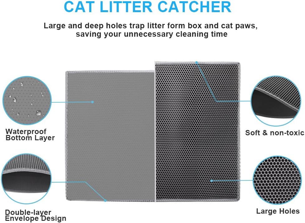 Cat Litter Mat Trapper - 76 x 61cm Honeycomb Double Layer Tapis Litiere Chat -Traps Messes, Easy Clean and Durable (Gray)