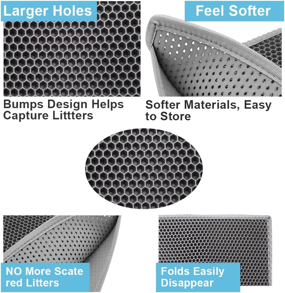 Cat Litter Mat Trapper - 76 x 61cm Honeycomb Double Layer Tapis Litiere Chat -Traps Messes, Easy Clean and Durable (Gray)