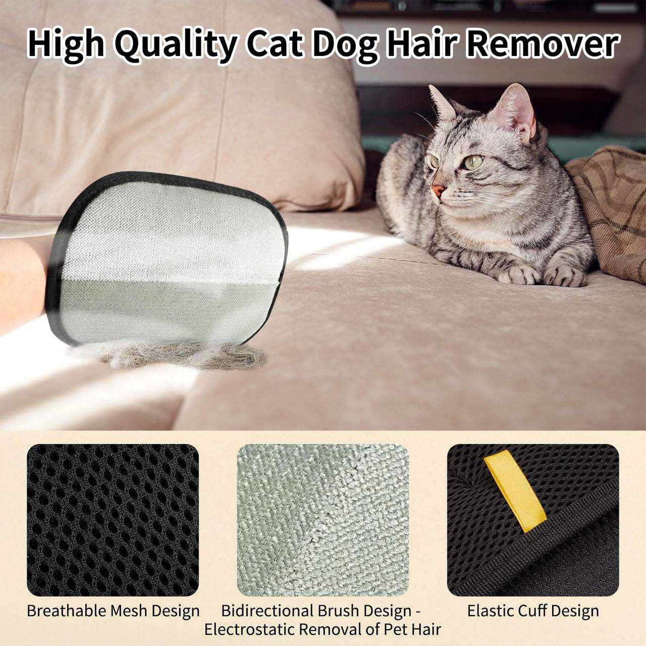 3PCS Double-Sided Pet Hair Remover Gloves, Electrostatic Cat Dog Pet Grooming Gloves, Pet Hair Remover for Carpet Couch Car, Versatile Pet Hair Remover for Washing Deshedding Grooming