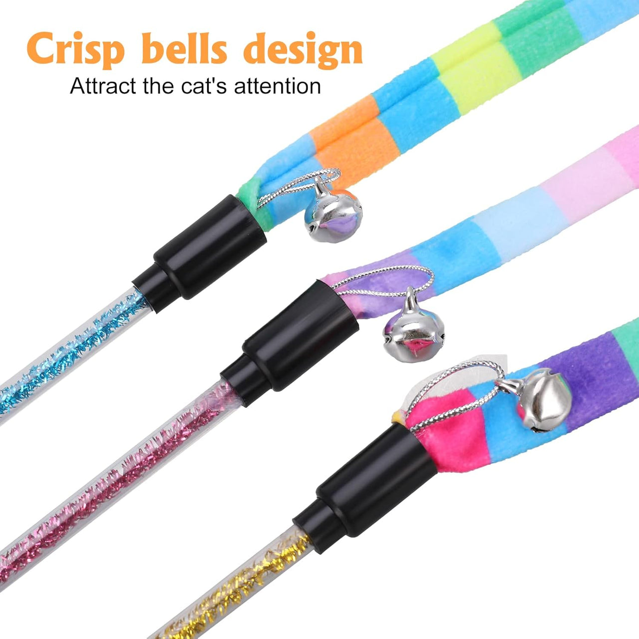 3 Pack Cat Wand Toy, Interactive Cat Rainbow Wand Toys, Interactive Cat Teaser Wand String, Rainbow Cat Teaser Wand String Plush Toy with Bell for Kitten Cat Exerciser Playing