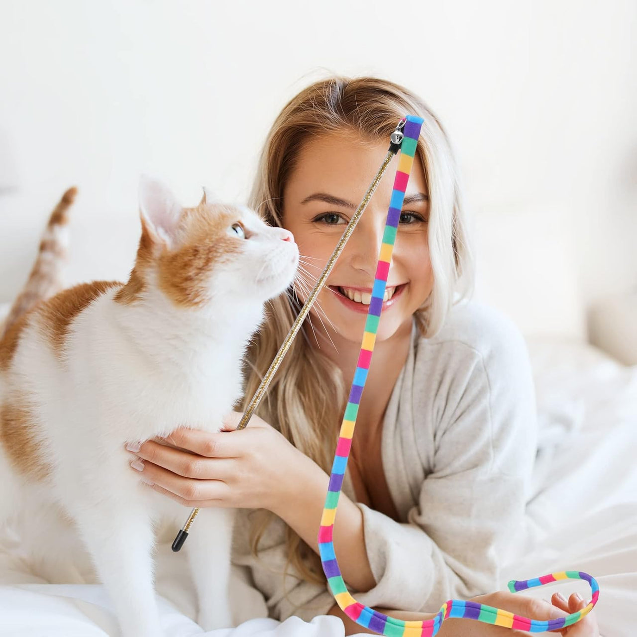 3 Pack Cat Wand Toy, Interactive Cat Rainbow Wand Toys, Interactive Cat Teaser Wand String, Rainbow Cat Teaser Wand String Plush Toy with Bell for Kitten Cat Exerciser Playing