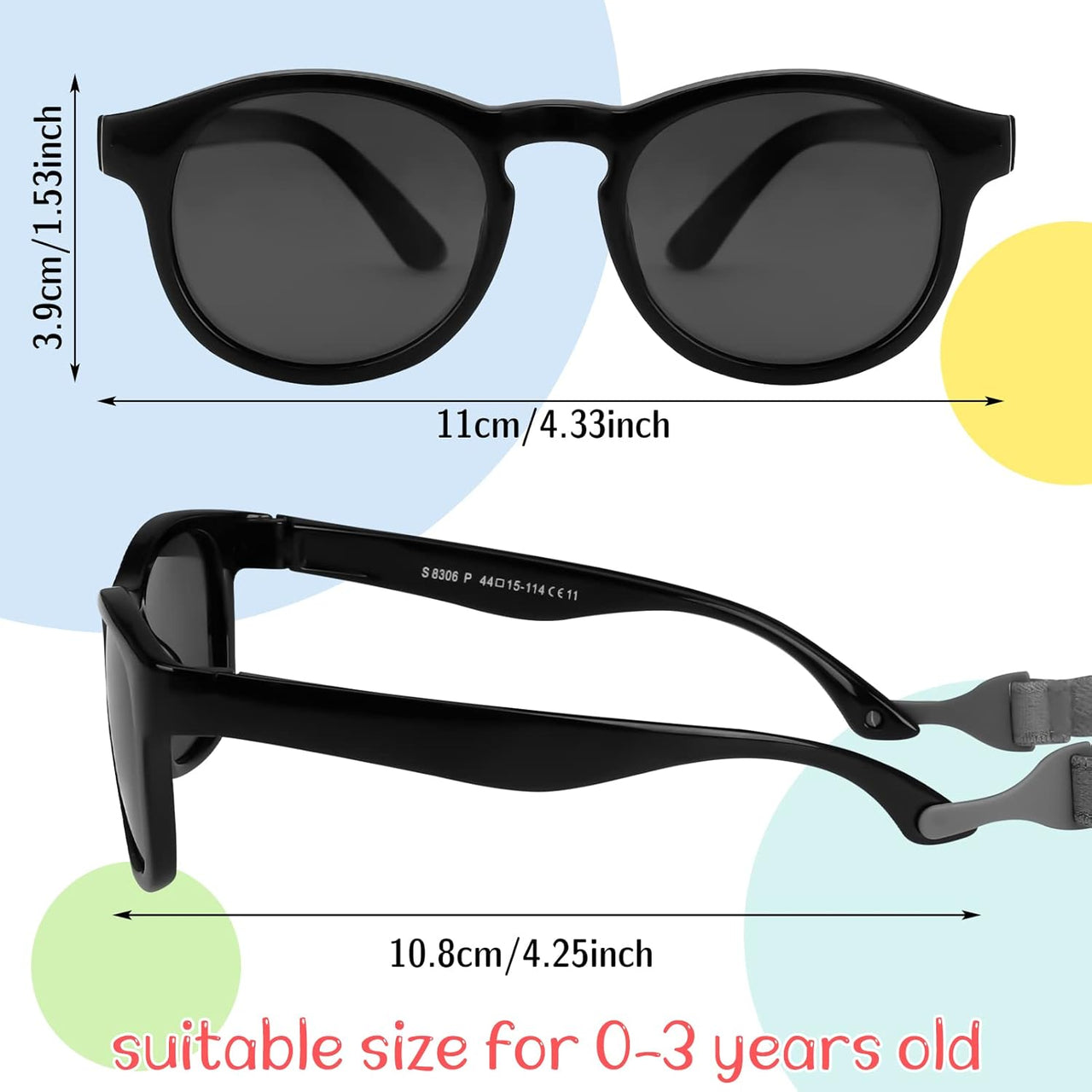 2 PCS Baby Toddler Sunglasses with Strap Kids Polarized Sun Glasses UV-400 Flexible Frame Unbreakable Sunglasses for Boys and Girls Age 0-3
