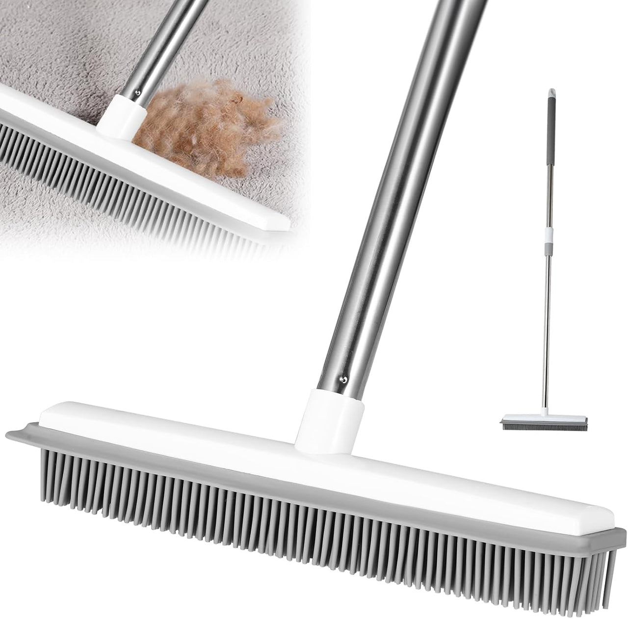 Pet Hair Removal Broom Long Handle Adjustable Carpet Rake Cat Dog Hair Remover Rubber Broom with Built in Squeegee Lint Remover Brush for Carpets Couch Rugs Mats Stairs (53inch)