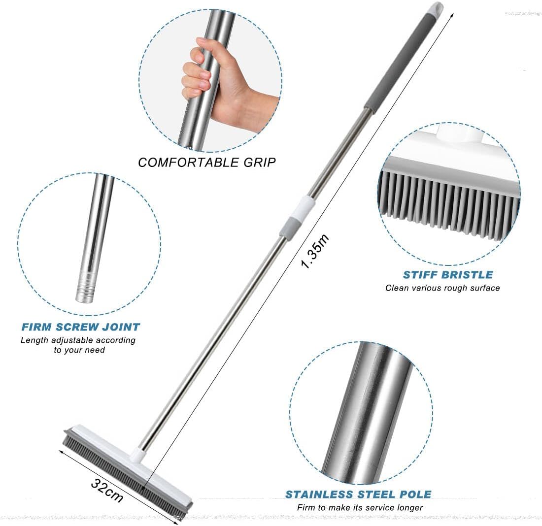 Pet Hair Removal Broom Long Handle Adjustable Carpet Rake Cat Dog Hair Remover Rubber Broom with Built in Squeegee Lint Remover Brush for Carpets Couch Rugs Mats Stairs (53inch)