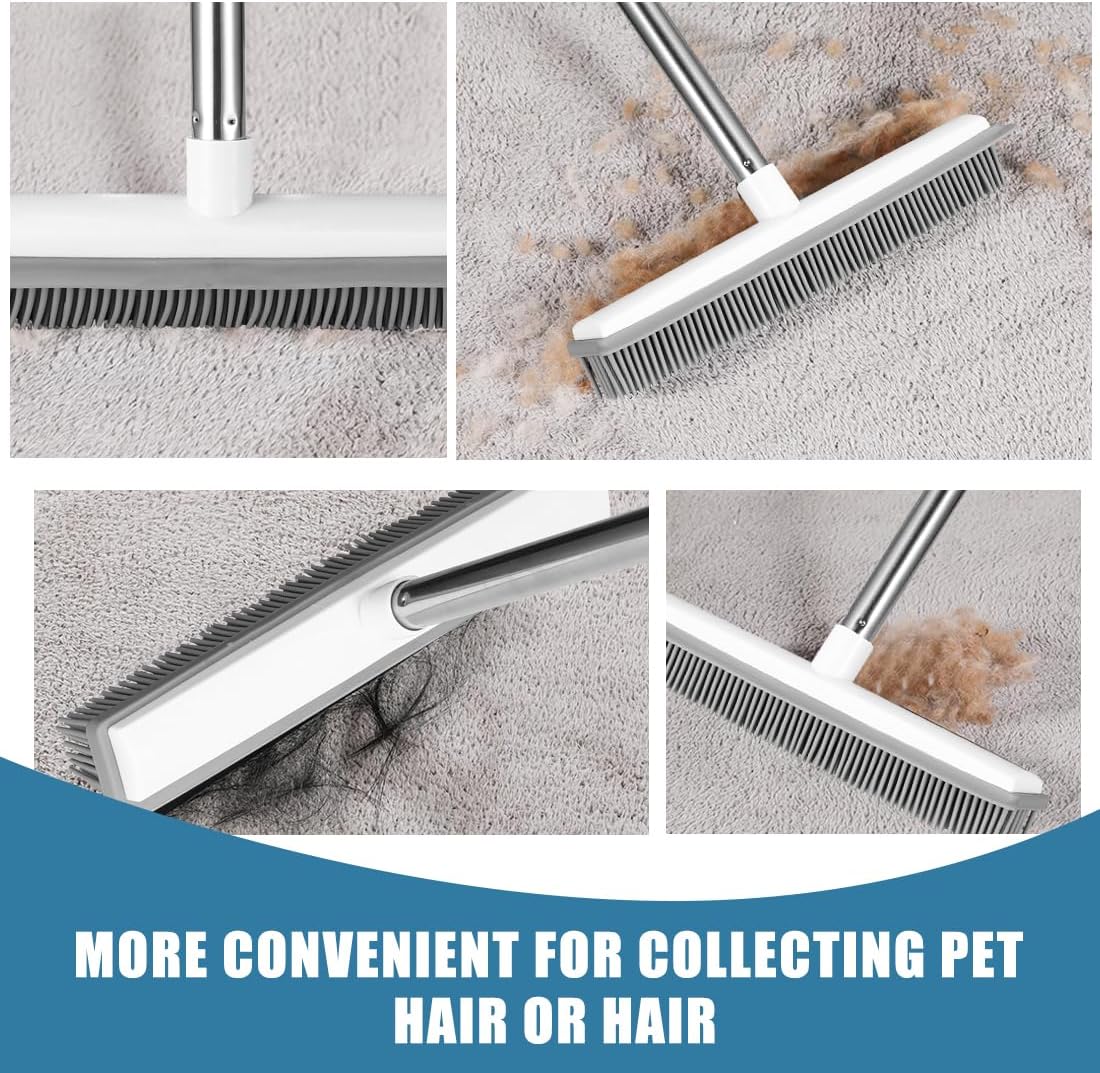 Pet Hair Removal Broom Long Handle Adjustable Carpet Rake Cat Dog Hair Remover Rubber Broom with Built in Squeegee Lint Remover Brush for Carpets Couch Rugs Mats Stairs (53inch)