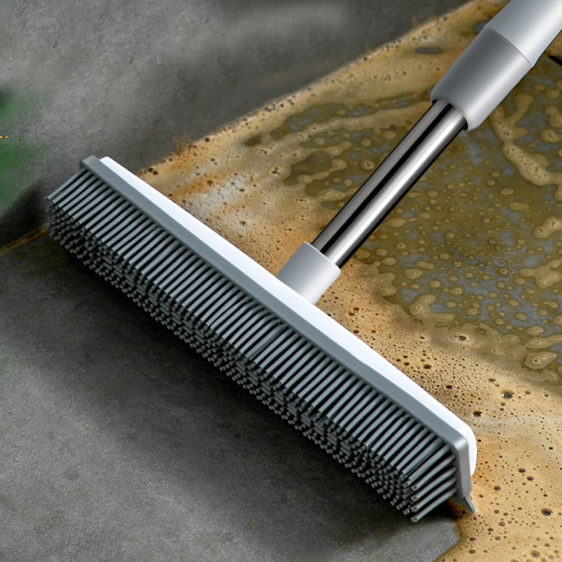 Pet Hair Removal Broom Long Handle Adjustable Carpet Rake Cat Dog Hair Remover Rubber Broom with Built in Squeegee Lint Remover Brush for Carpets Couch Rugs Mats Stairs (53inch)