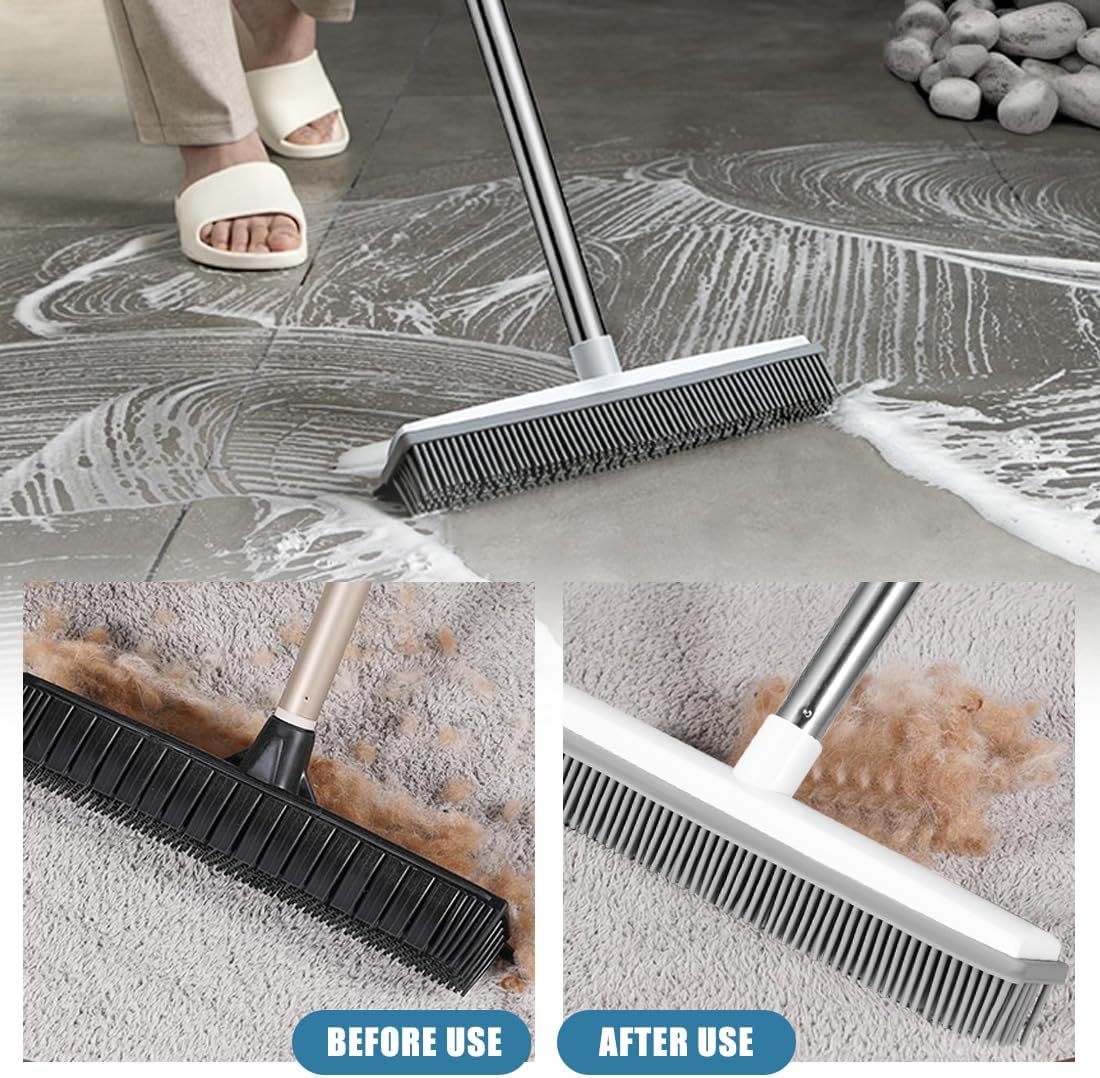 Pet Hair Removal Broom Long Handle Adjustable Carpet Rake Cat Dog Hair Remover Rubber Broom with Built in Squeegee Lint Remover Brush for Carpets Couch Rugs Mats Stairs (53inch)