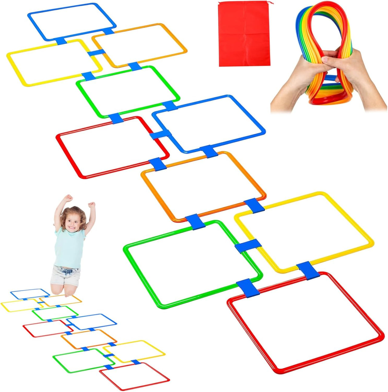 Hopscotch Rings Game, 10Pcs Square Hopscotch Rings 15 Inch Multi-Colored Obstacle Course Fun Play Kids Outdoor Play Equipment Squares, Rug