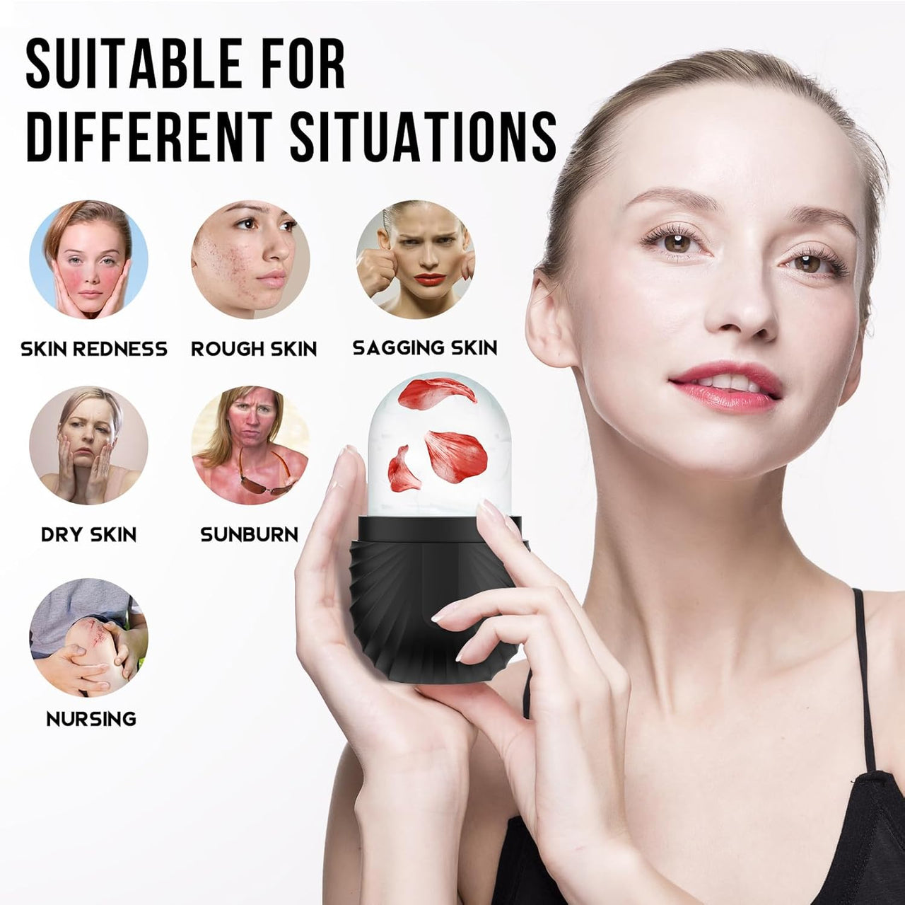 Ice Roller for Face and Eye, Silicone Ice Facial Roller Ice Holder, Face Ice Mold Skin Care, Face Icers Reusable Ice Cube Roller for Shrink Pores Anti Wrinkle Reduce Puffiness, Black