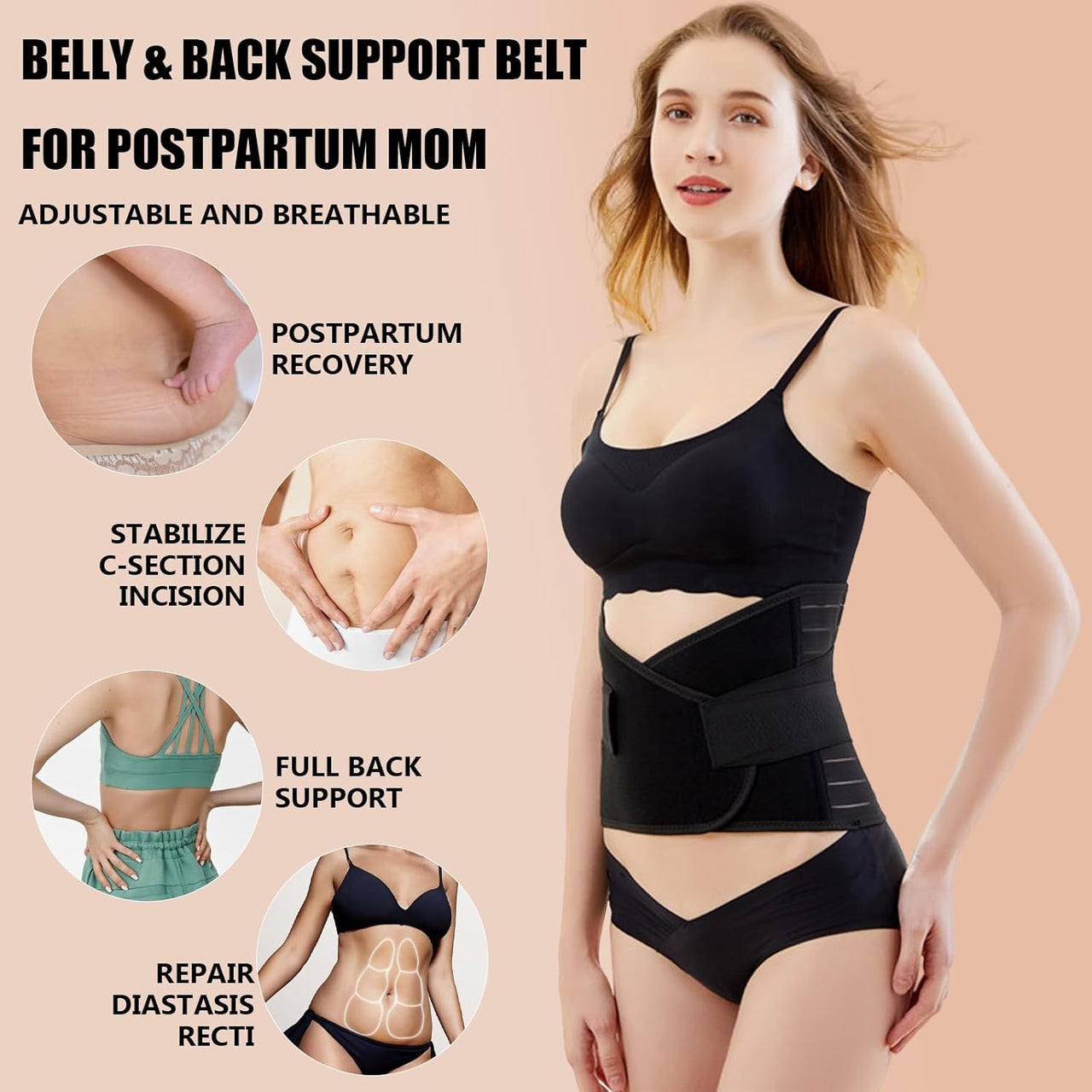 Elastic Postpartum Belly Wrap, Breathable Abdominal Binder, Skin Friendly Post Partum Belly Band, Body Slimming C Section Postpartum Belly Wrap (Black, XX-Large)