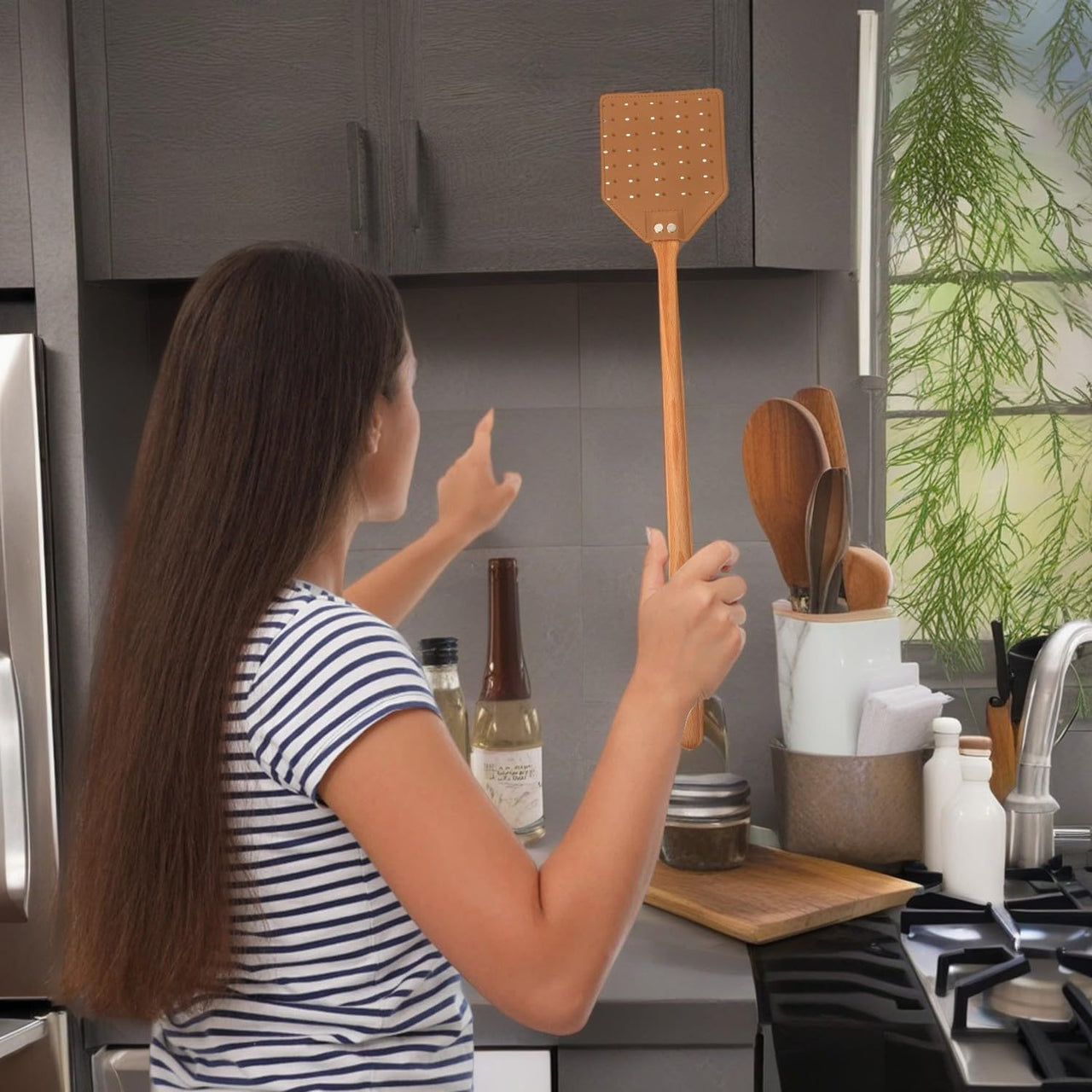 Leather Fly Swatter with Long Wooden Handle, Durable Fly Catcher for Indoor & Outdoor Use, Manual Insect Swatter for Wasps, Horseflies, and Spiders with Hanging Rope (2, Brown)