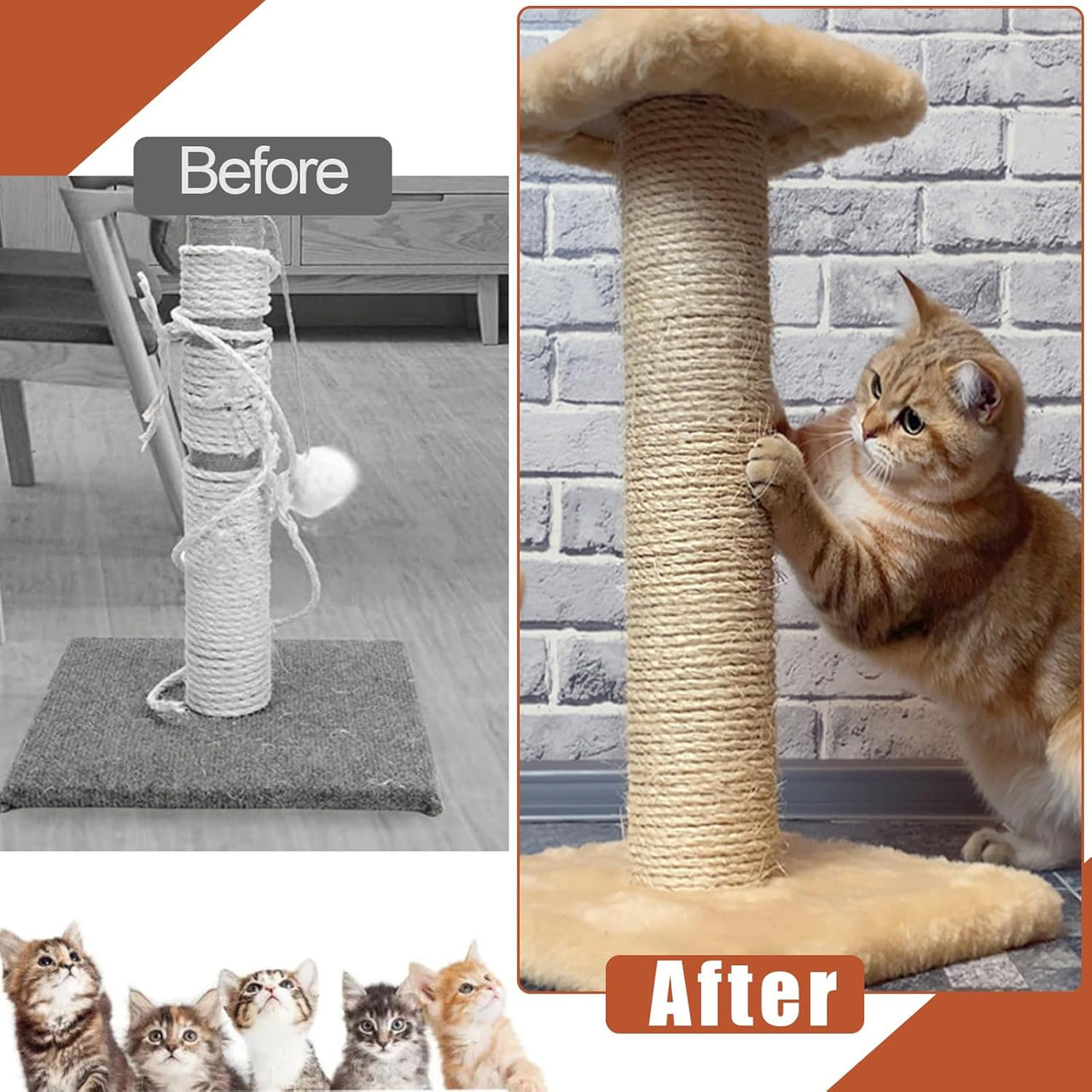 50M Sisal Rope for Cat Scratchers, Cat Scratching Sisal Rope 6mm Natural Jute Hemp Rope, Ideal for Replace Scratching Post, Repair Cat Tree, DIY Projects