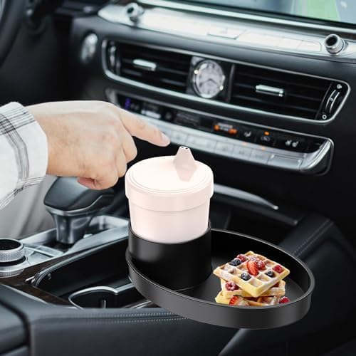 Car Seat Snack Tray, Portable Cup Holder Plate, Toddler Car Seat Cup Holder Food Tray with Expandable Base, Cup Holder Tray for Car Seats, 360° Rotatable Car Seat Tray for Kids Travel black