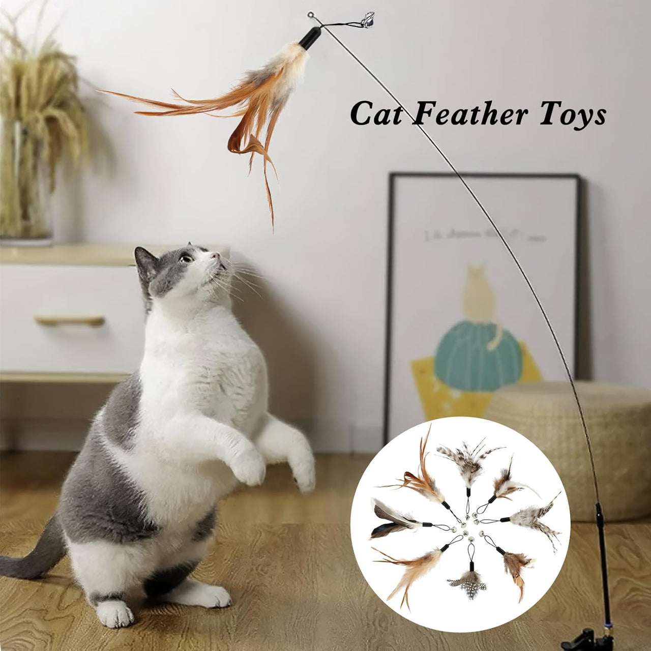 8 Pcs Cat Feather Toys with Bells, Feather Teaser Cat Toy, Replacement Feather Refills with Bells, Exerciser Playing Toy for Kitten or cat