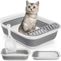 Thumbnail for Collapsible Small Cat Litter Box, 17.7'' Open Foldable Kittens Potty with Scoop, Shallow Anti Splash Travel Toilet, Semi Enclosed Height Adjustable Sides Pan for Sick Frail Grey