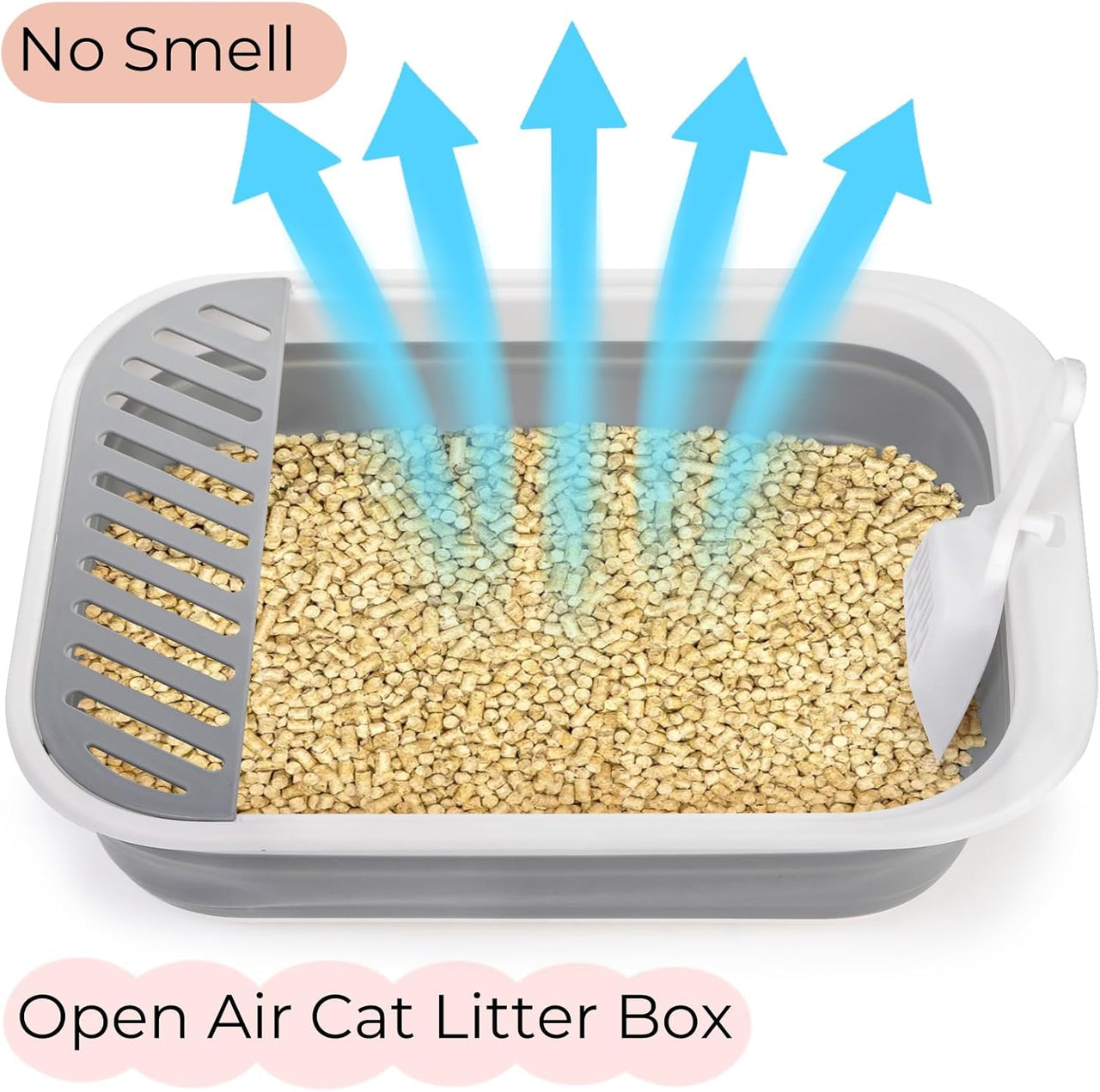 Collapsible Small Cat Litter Box, 17.7'' Open Foldable Kittens Potty with Scoop, Shallow Anti Splash Travel Toilet, Semi Enclosed Height Adjustable Sides Pan for Sick Frail Grey