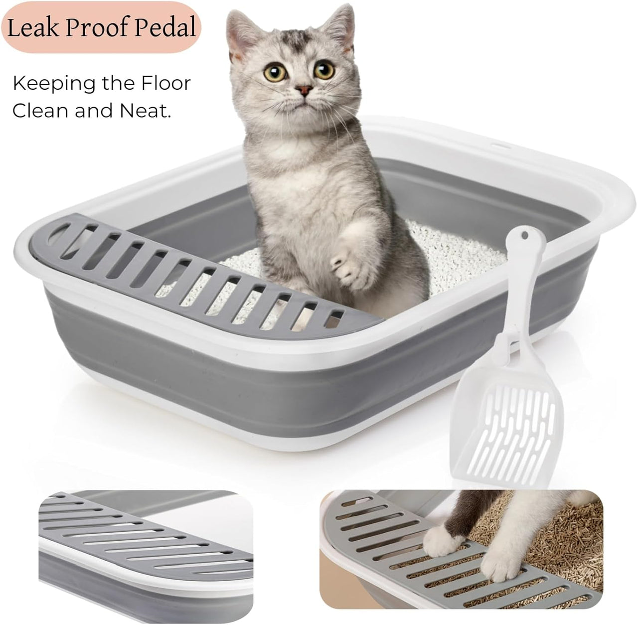 Collapsible Small Cat Litter Box, 17.7'' Open Foldable Kittens Potty with Scoop, Shallow Anti Splash Travel Toilet, Semi Enclosed Height Adjustable Sides Pan for Sick Frail Grey