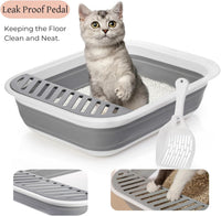 Thumbnail for Collapsible Small Cat Litter Box, 17.7'' Open Foldable Kittens Potty with Scoop, Shallow Anti Splash Travel Toilet, Semi Enclosed Height Adjustable Sides Pan for Sick Frail Grey