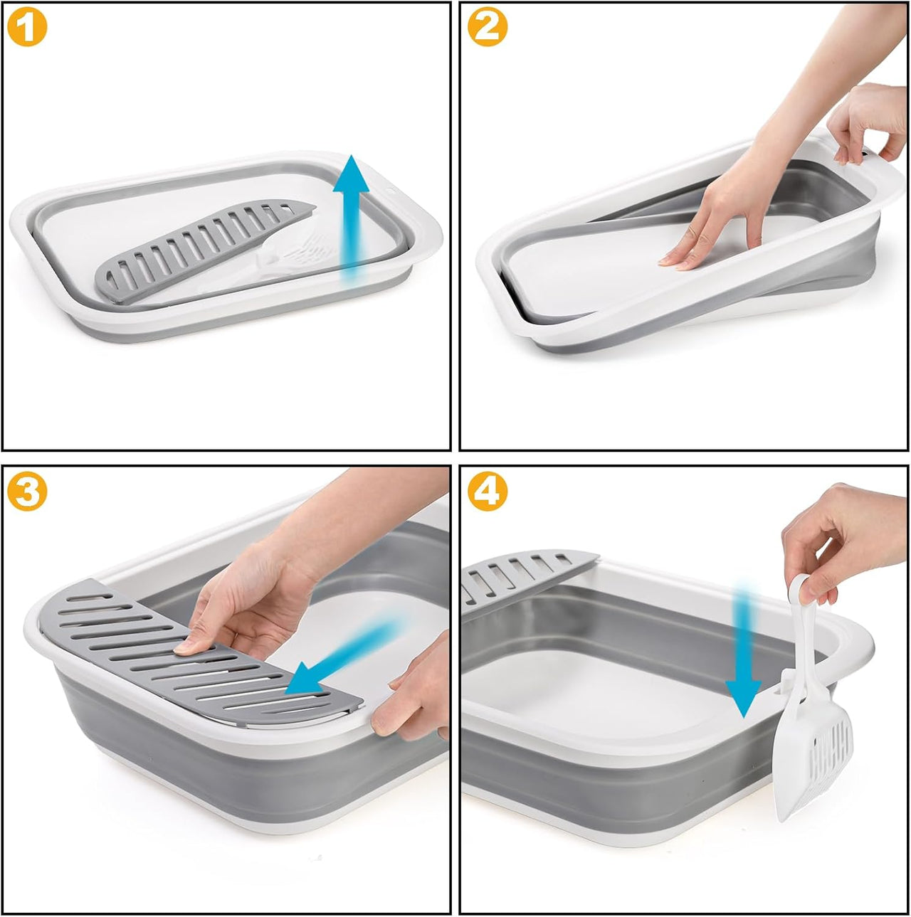 Collapsible Small Cat Litter Box, 17.7'' Open Foldable Kittens Potty with Scoop, Shallow Anti Splash Travel Toilet, Semi Enclosed Height Adjustable Sides Pan for Sick Frail Grey