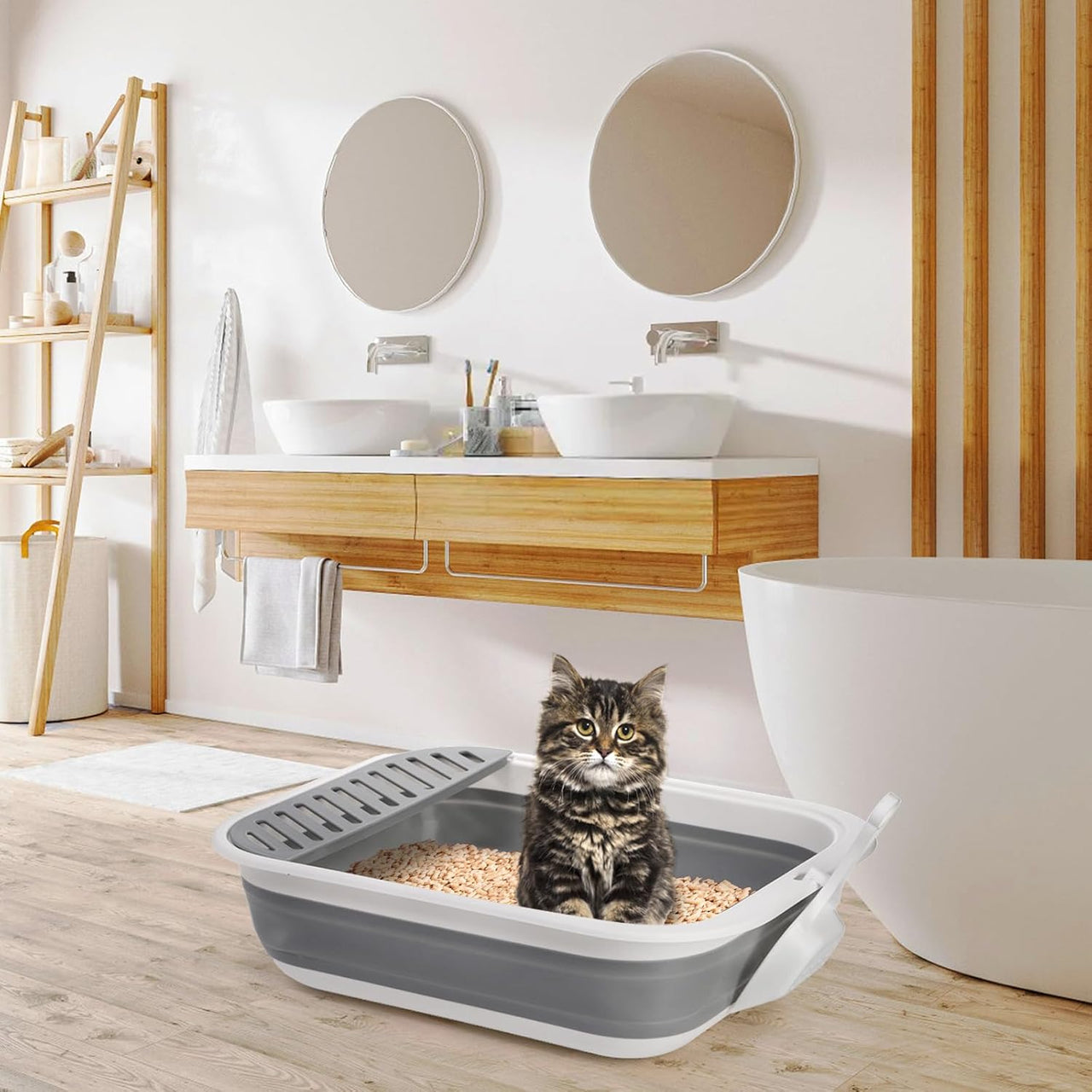 Collapsible Small Cat Litter Box, 17.7'' Open Foldable Kittens Potty with Scoop, Shallow Anti Splash Travel Toilet, Semi Enclosed Height Adjustable Sides Pan for Sick Frail Grey