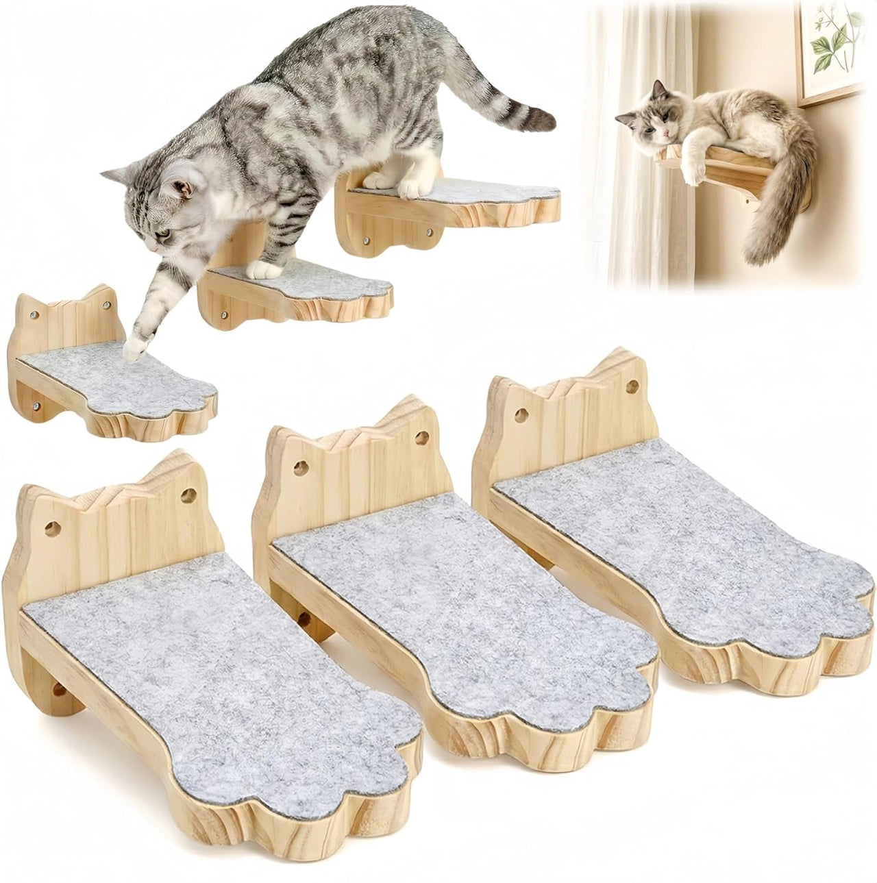 3 Pack Wood Cat Wall Steps, Mounted Cats Shelves with Non Slip Felt Mat, Floating Kittens Furniture Shelf, Perches Tree for Adult Climbing, Jumping, Lounging, Holds up 30lbs