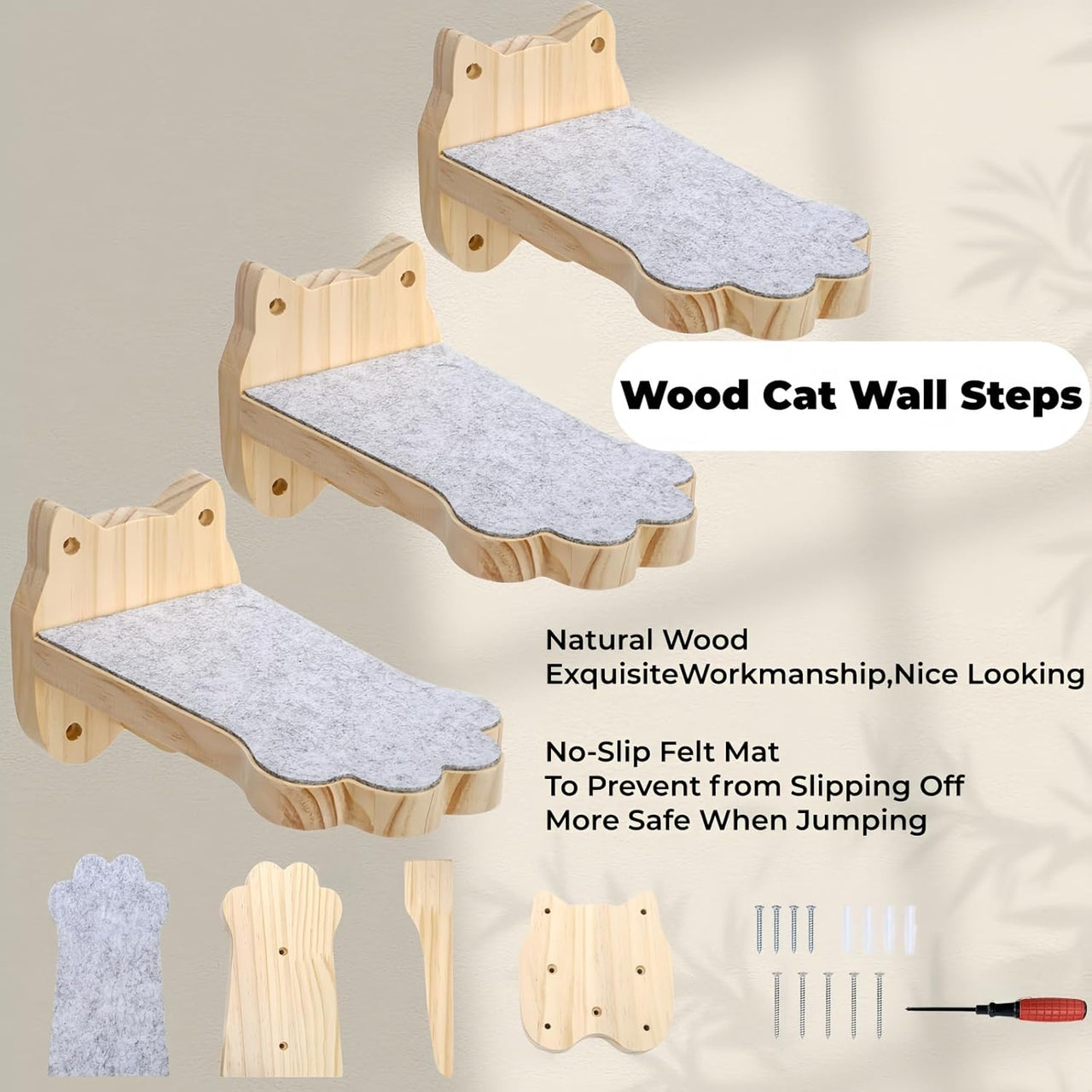 3 Pack Wood Cat Wall Steps, Mounted Cats Shelves with Non Slip Felt Mat, Floating Kittens Furniture Shelf, Perches Tree for Adult Climbing, Jumping, Lounging, Holds up 30lbs