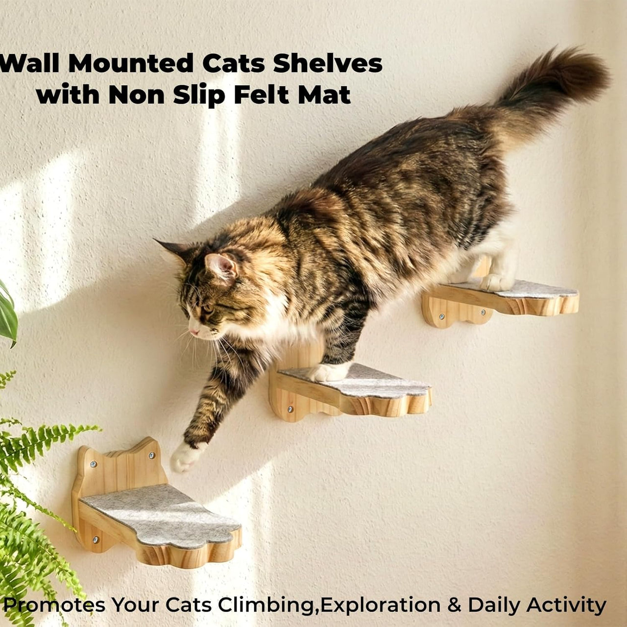 3 Pack Wood Cat Wall Steps, Mounted Cats Shelves with Non Slip Felt Mat, Floating Kittens Furniture Shelf, Perches Tree for Adult Climbing, Jumping, Lounging, Holds up 30lbs