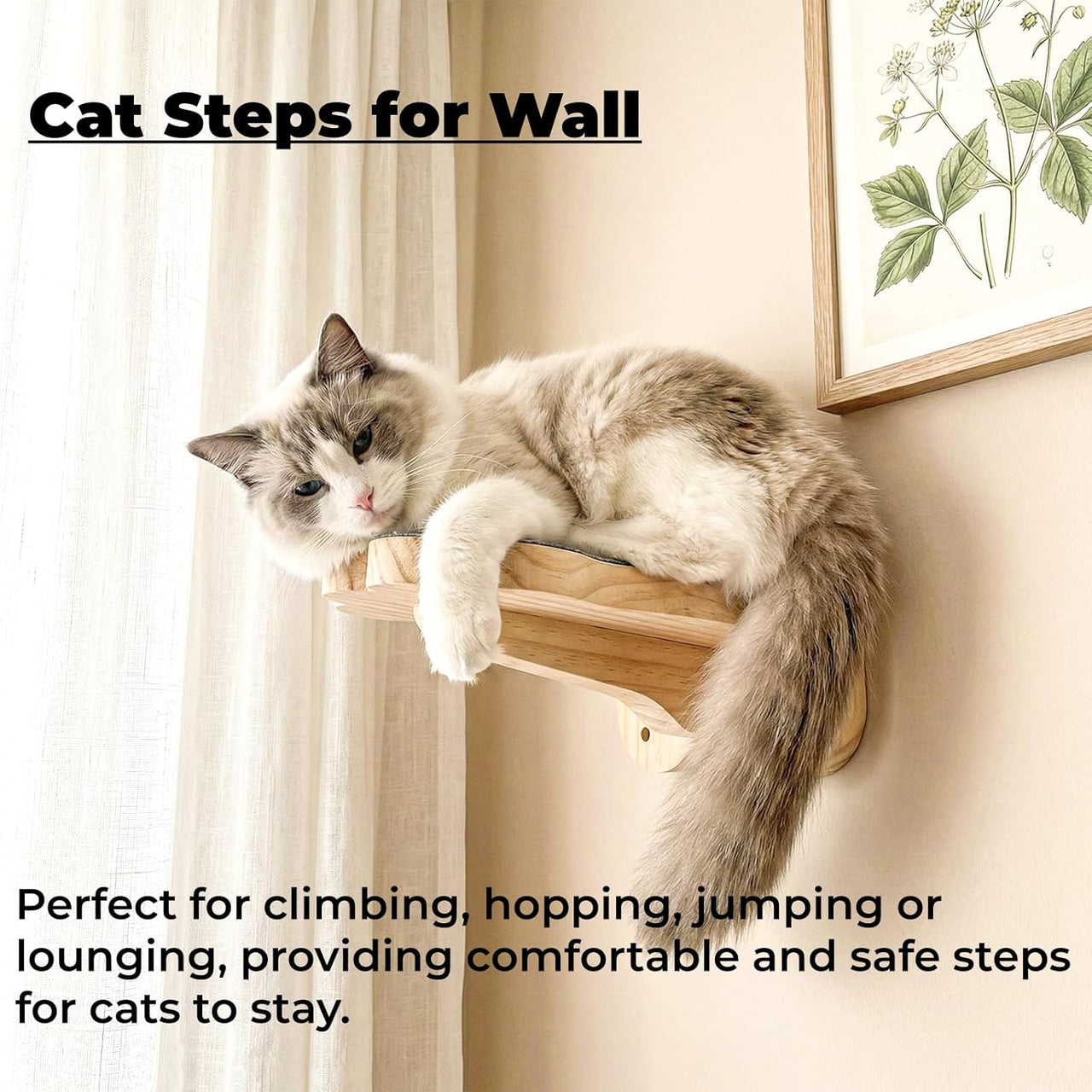 3 Pack Wood Cat Wall Steps, Mounted Cats Shelves with Non Slip Felt Mat, Floating Kittens Furniture Shelf, Perches Tree for Adult Climbing, Jumping, Lounging, Holds up 30lbs