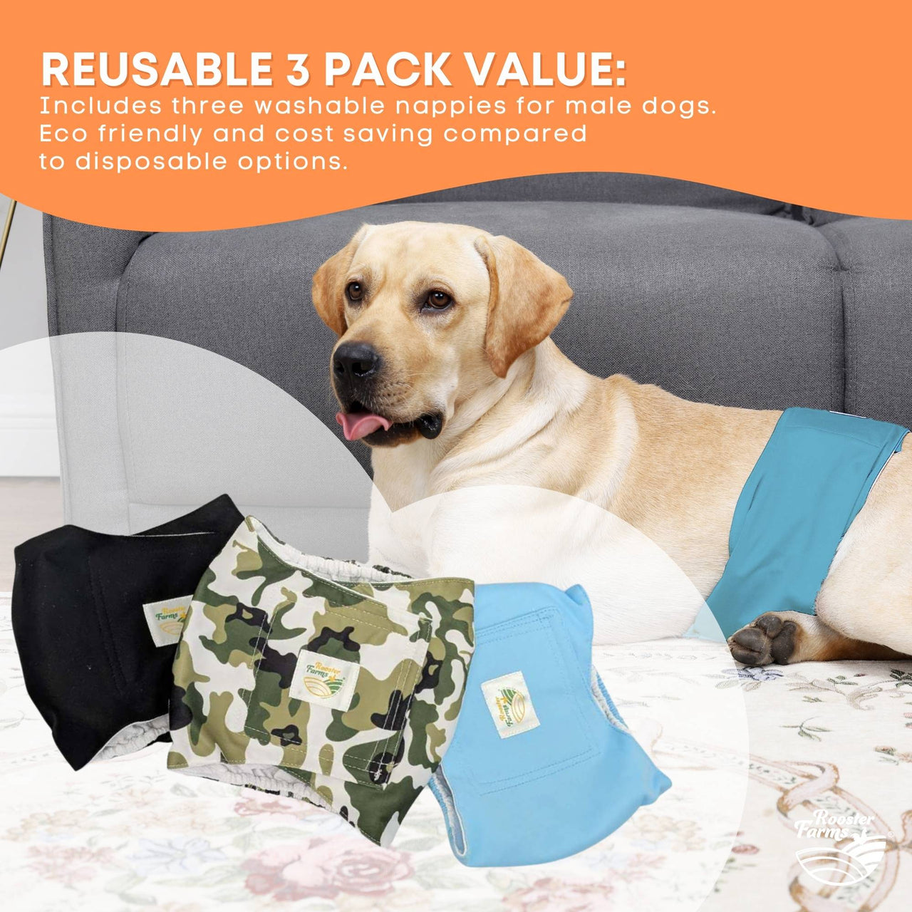 Rooster Farms Male Dog Diapers Large 3Pk - Washable Reusable Nappies Hook/Loop
