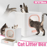 Thumbnail for Pink Fully Enclosed Cat Litter Box Large Plastic Toilet for Cats with Lid Tray