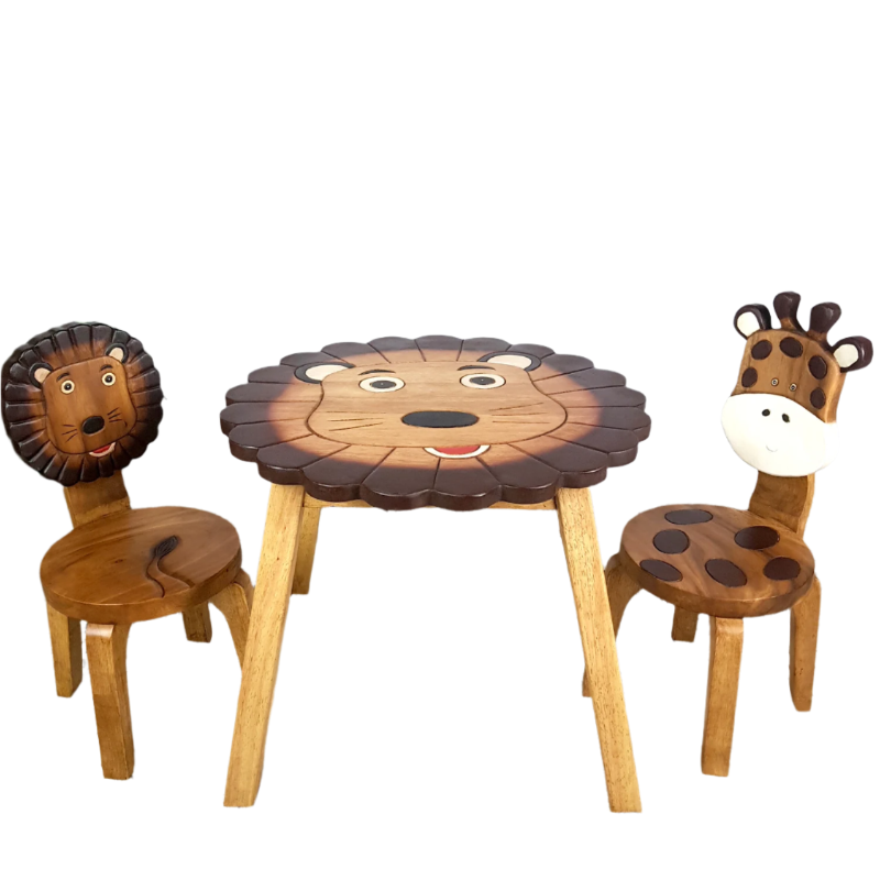 Children's table and chairs with lion and giraffe designs on a white background