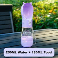 Thumbnail for Purple Portable Dog Water Bottle with Built-in Bowl Dispenser - 250ml Water,180ml Food Capacity,Leak-proof for Travel and Walks