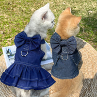 Thumbnail for Pet Denim Harness Dress Set (2 Pieces) – 3XL Size (70cm Chest for 20-36 lb Pets) with T-Shirt and Skirt, Bow, and Leash Ring
