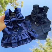 Thumbnail for Pet Denim Harness Dress Set (2 Pieces) - XL Size (52cm Chest for 10-14 lb Pets) with T-Shirt and Skirt, Bow,and Leash Ring