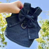 Thumbnail for Pet Denim Harness Dress Set (2 Pieces) - XL Size (52cm Chest for 10-14 lb Pets) with T-Shirt and Skirt, Bow,and Leash Ring