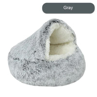 Thumbnail for Cozy Gray Plush Hooded Pet Bed - Ultra Soft Long Fur Cave Bed for Small Pets 40cm