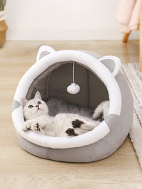 Thumbnail for Gray Half-Enclosed Cat Bed - Soft Short Velvet Fabric with Sponge + PP Cotton Filling, S Size (28x28x30 cm)