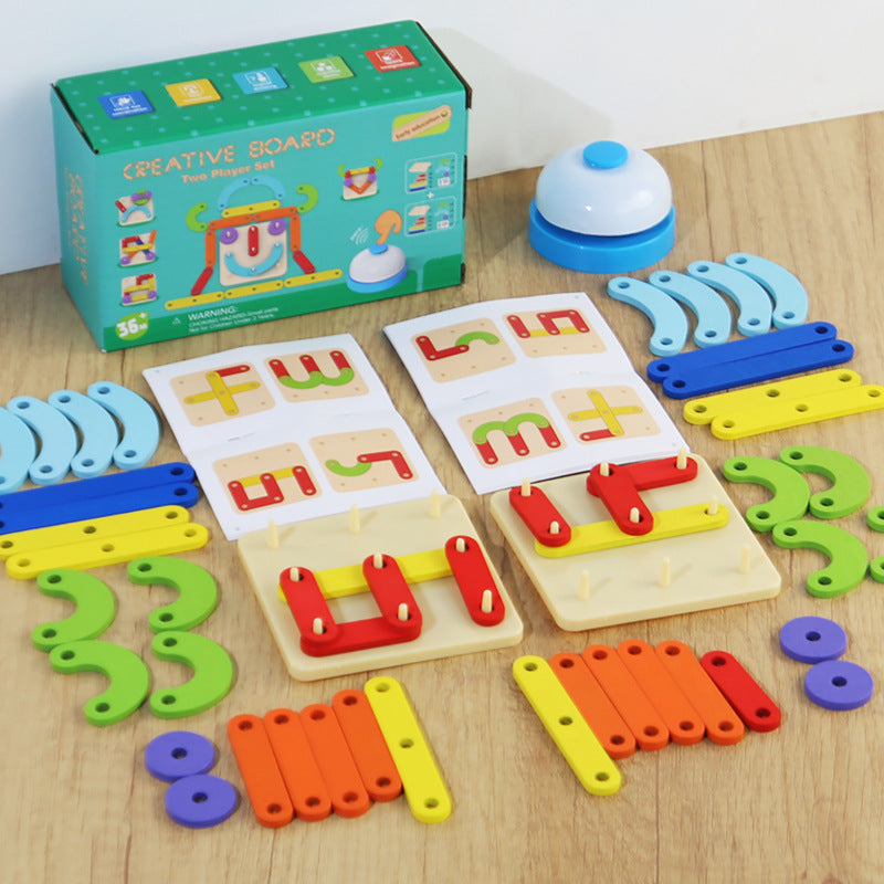 Colorful educational toy set with letters and numbers on a wooden surface, including packaging.
