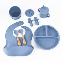 Thumbnail for Blue 8-Piece Silicone Children's Tableware Set - BPA-Free Baby Feeding Utensils with Wooden Fork and Spoon, Cup, Bowl, and Bibs