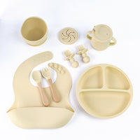 Thumbnail for Beige 8-Piece Silicone Children's Tableware Set - BPA-Free Baby Feeding Utensils with Wooden Fork and Spoon, Cup, Bowl, and Bibs