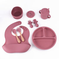 Thumbnail for Rose Red 8-Piece Silicone Children's Tableware Set - BPA-Free Baby Feeding Utensils with Wooden Fork and Spoon, Cup, Bowl, and Bibs
