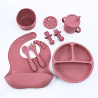 Thumbnail for Rose Red 8-Piece Silicone Children's Tableware Set - BPA-Free Baby Feeding Utensils with Fork, Spoon, Cup, Bowl, and Bibs