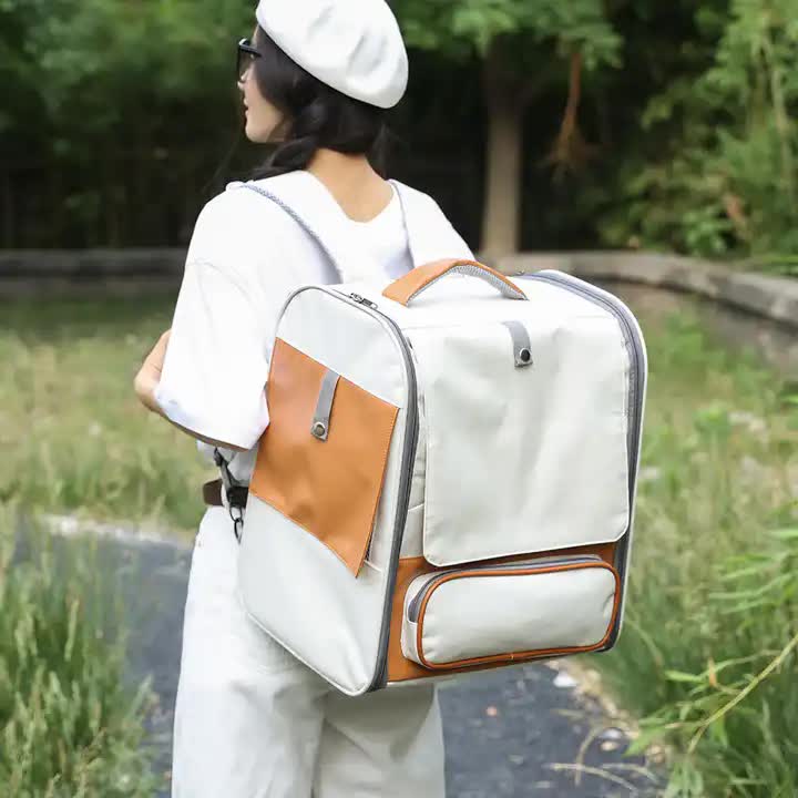 Beige Large Capacity Breathable Foldable Pet Trolley - Travel Cat Carrier with Wheels, Portable, Spacious, and Convenient for Two Cats