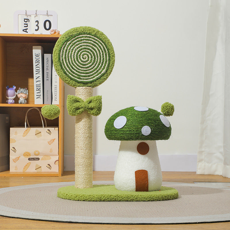 Green cat tree with mushroom design on a wooden floor
