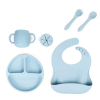 Thumbnail for Blue baby dining set with bib, plate, cup, and utensils on a white background