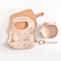 Thumbnail for Cherry Pattern Beige Soft and Safe Silicone Baby Feeding Set – Bib, Bowl, and Spoon Combo for Mess-Free Meals